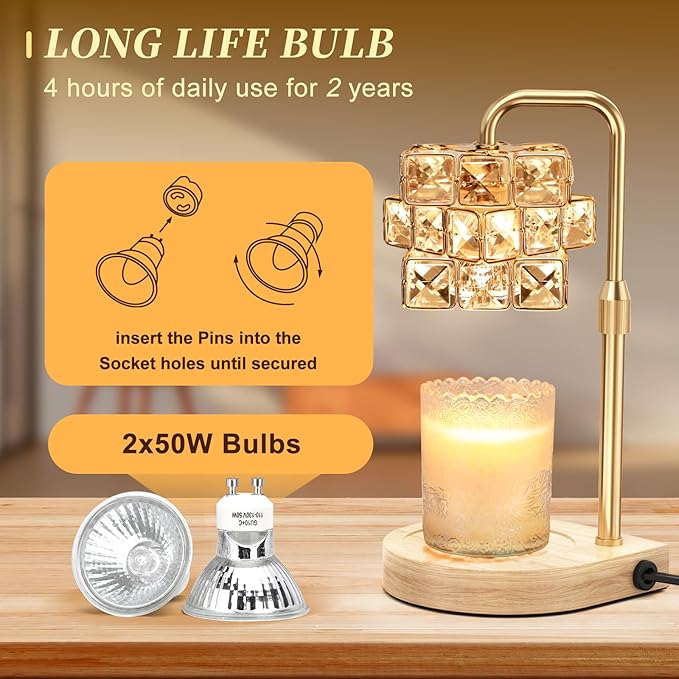 Uflatek Candle Warmer Lamp with Timer, Adjustable Height Dimmable Electric Candle Lamp Warmer with 2 Bulbs, Wax Melting Lamp for Vintage Home Decor, Housewarming Gift