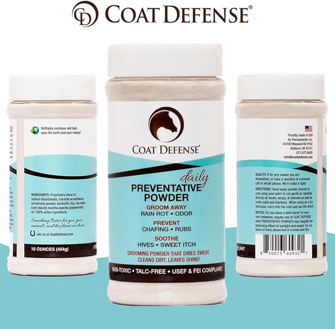 COAT DEFENSE Daily Preventative Powder for Horses - Safe & Effective Equine Skin Conditioner Sweet Itch, Skin Funk, & Rain Rot - Dry Horse Shampoo, 16 oz Formula with All Natural Ingredients