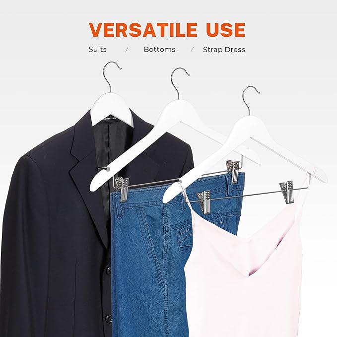 HOUSE DAY Wooden Hangers with Clips 24 Pack, Heavy Duty White Wood Pants Hanger, Premium Skirt Hanger with Adjustable Clips, Solid Clip Hangers for Suit, Blouse, Dress, Coat, Jacket, Bottom