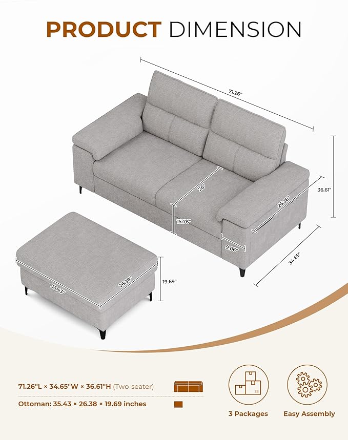 71.25" L Shaped Sectional Couches for Living Room, Deep Seat Sofa with Storage Ottoman & 8”Cushion, Comfy 2-Seater Chenille Loveseat, Convertible Armrest, Removable Cover for Small Space(Light Gray)
