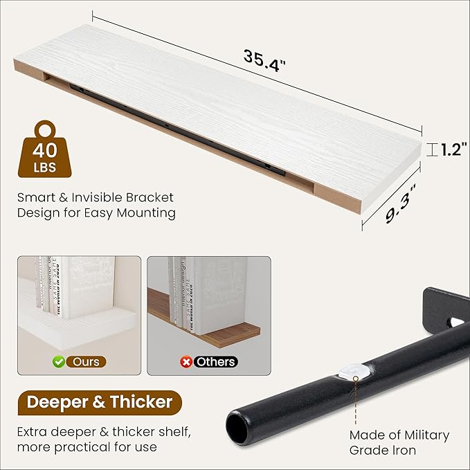 Fun Memories 36 Inch Floating Shelves, 9.3 Inch Deep Rustic Wall Shelves - Extra Deeper Wall Mounted Storage Shelves for Bathroom, Kitchen, Living Room (White, Set of 2)