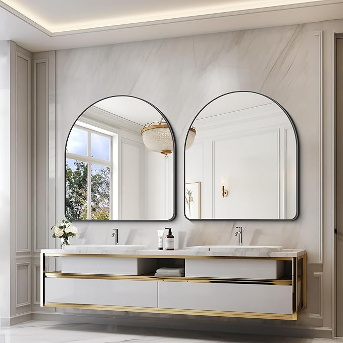 Arched Bathroom Mirror, 36"x40" Black Arched Mirror for Bathroom, Wall Mounted Mirror, Black Vanity Wall Mirror w/Metal Frame for Bedroom, Entryway, Living Room, Vertically Hanging
