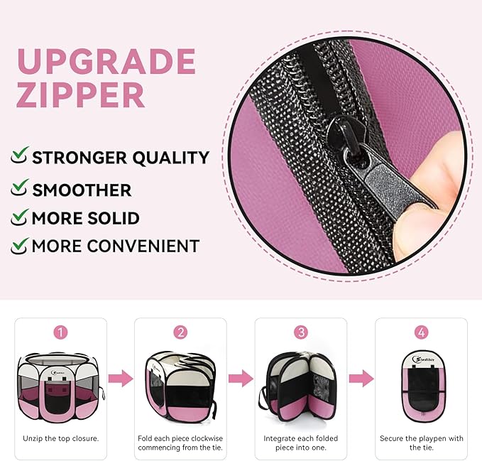 Pink Dog Playpen, Puppy Pet Cat Playpen Indoor for Small Dogs Cats, Dog Tent Crates Cage Indoor/Outdoor, Portable Pop Up Dog Kennel Playpen with Carrying Case for Dogs/Cats/Rabbits, Zipper Top