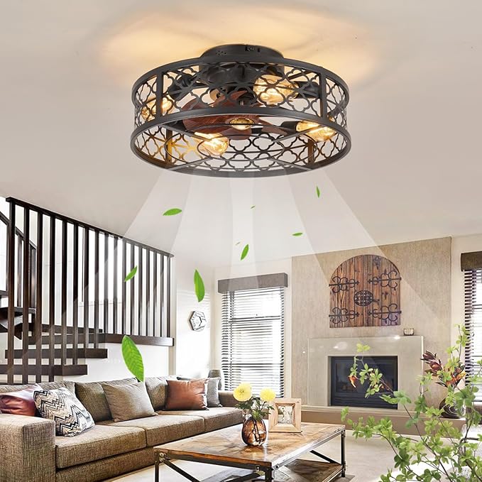 Farmhouse Ceiling Fans with Lights Remote Control,6 Speed Reversible Flush Mount Low Profile Rustic Ceiling Fan with Light with bulb 4*E26,Boho Bladeless Country Caged Ceiling Light Fixture