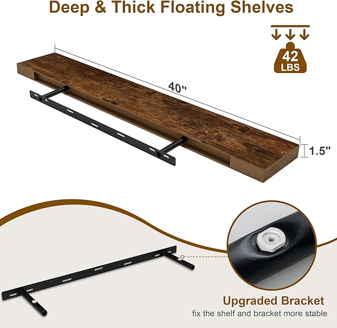 Fun Memories Floating Shelves for Wall, 40Inch Floating Shelves Set of 2, Hanging Shelf with Invisible Brackets, Wood Shelves for Living Room, Bedroom, Kitchen, Brown