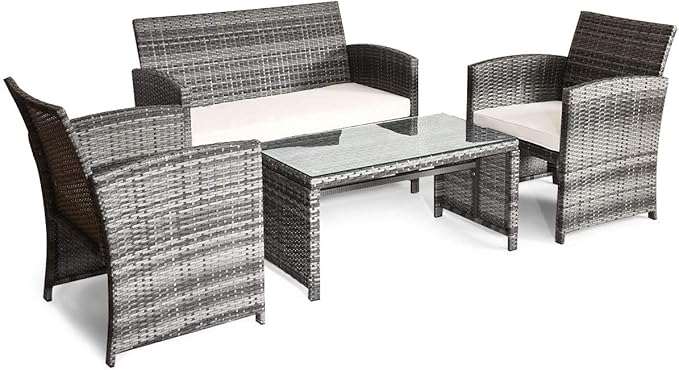 Tangkula 4 PCS Wicker Patio Conversation Set, Outdoor Rattan Sofas with Table Set, Patio Furniture Set with Soft Cushions & Tempered Glass Coffee Table for Poolside Balcony