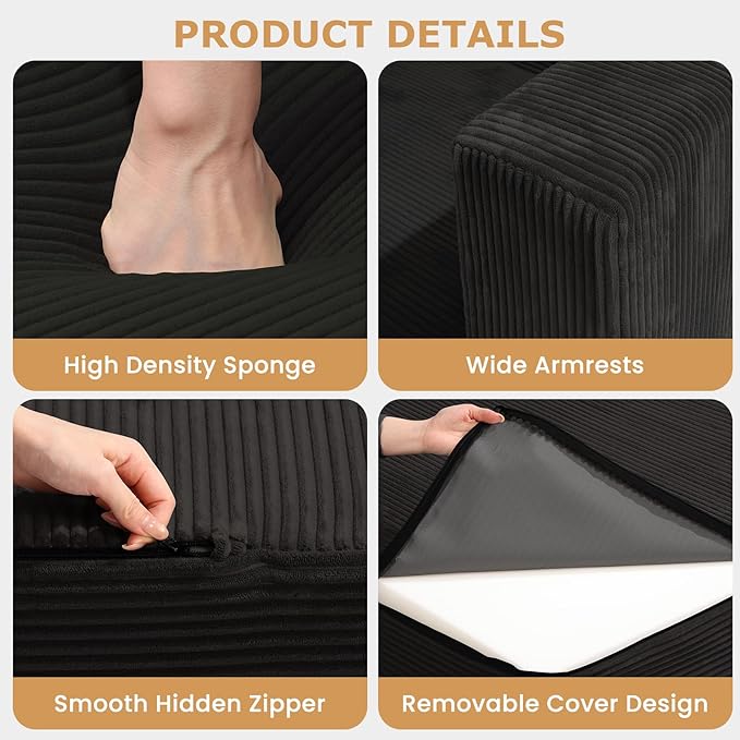 Convertible Futon Sofa Bed with Ottoman, 5 in 1 Folding Couch Bed Loveseat Sleeper, Corduroy Boneless Couch with Deep Seat for Living Room Chaise Lounge Chair Indoor, No Assembly Required, Black