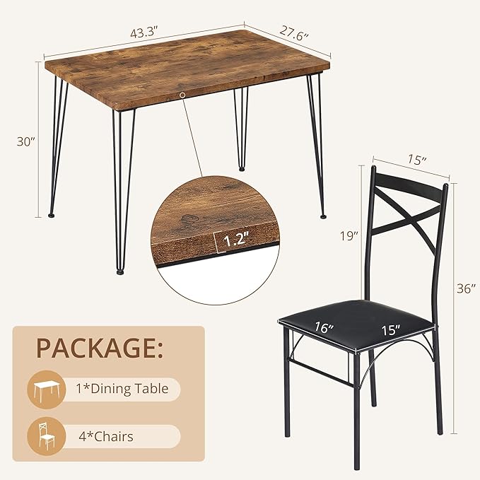 VECELO Dining Table Set for 4, Kitchen Table Set with 4 Chairs for Small Space, Space-Saving and Modern Design, Apartment, Easy to Assemble,Brown