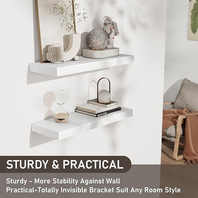 Floating Shelves for Wall, 24 Inch Floating Shelves Set of 2, Wall Mounted Rustic Wood Shelf for Bathroom, Living Room, Bedroom and Kitchen, Hanging Shelf for Storage, Books, Home Decor, White