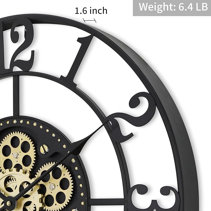 24In Large Wall Clocks for Living Room Decor with Moving Gears,Large Wall Clock Industrial Steampunk,Oversized Metal Analog Wall Clocks for Home Battery Operated (Accessories Color May Vary)