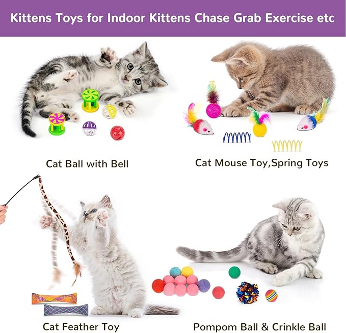 Retro Shaw Cat Toys Kitten Toys, Cat Tunnels Toy for Indoor Cats Kitty, Interactive Cat Tube Tent Feather Wand Teaser Bell Fuzzy Ball Springs Mouse (33 Pcs Large Cat Tunnel Toys Set)