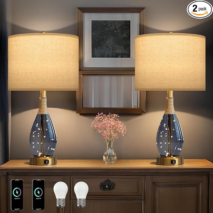 OYEARS 23" Table Lamps for Living Room Set of 2 Bedside Lamps for Night Stands Bedroom Lamps Farmhouse Rattan Boho Lamp Glass Nightlight End Table Lamp with USB C+A (Blue),Two Light Points