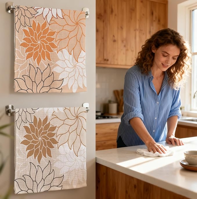 2-Pack Boho Floral Abstract Waffle Towels, Flower Hand Towel for Bathroom Decor, 16x24 Inch Neutral Brown & Orange Color Flower Dish Tea Towel Decor for Kitchen/Bath/SPA,Gift for Friends.