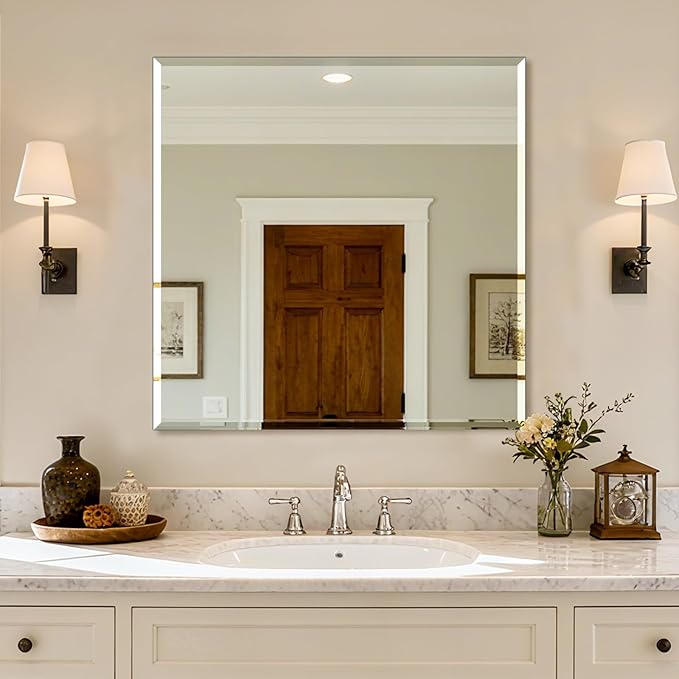 Ruomeng Frameless Mirror for Wall, 30x30 Inch Bathroom Vanity Mirror Farmhouse, Rectangle Mirror with Beveled Edge, Tempered Glass, Hangs Horizontally or Vertically