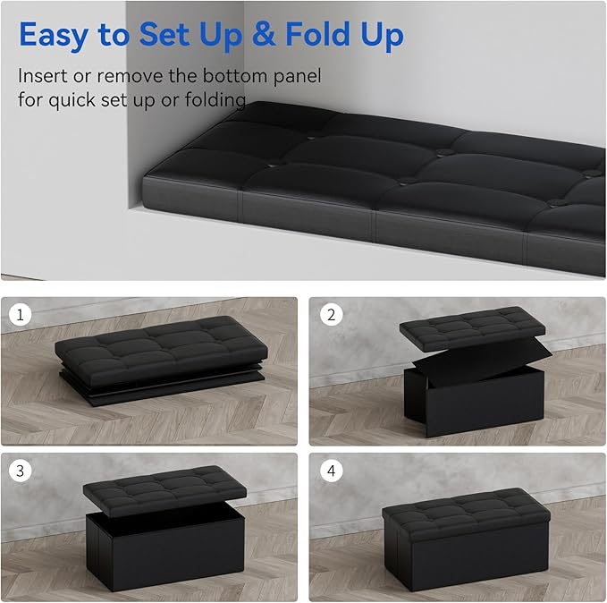 BRIAN & DANY 30 Inches Storage Ottoman Bench, Faux Leather Ottoman with Storage, Folding Bench Shoe, Foot Rest Stool, for Living Room, Black