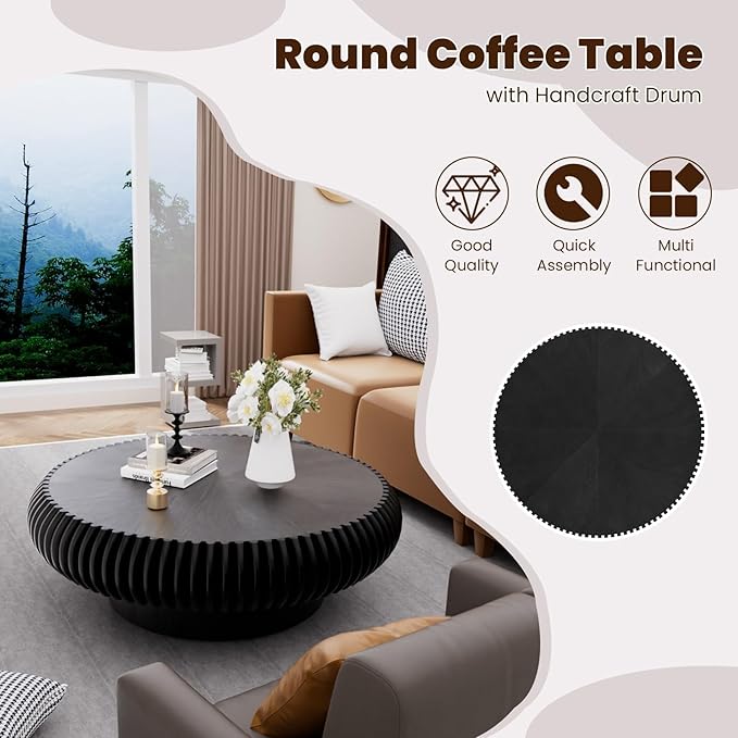 Round Drum Coffee Table for Living Room, Mid Century Modern Coffee Table with Sturdy Pedestal, Farmhouse Fluted Circle Center Table Accent Tea Table for Apartment (Large Black)