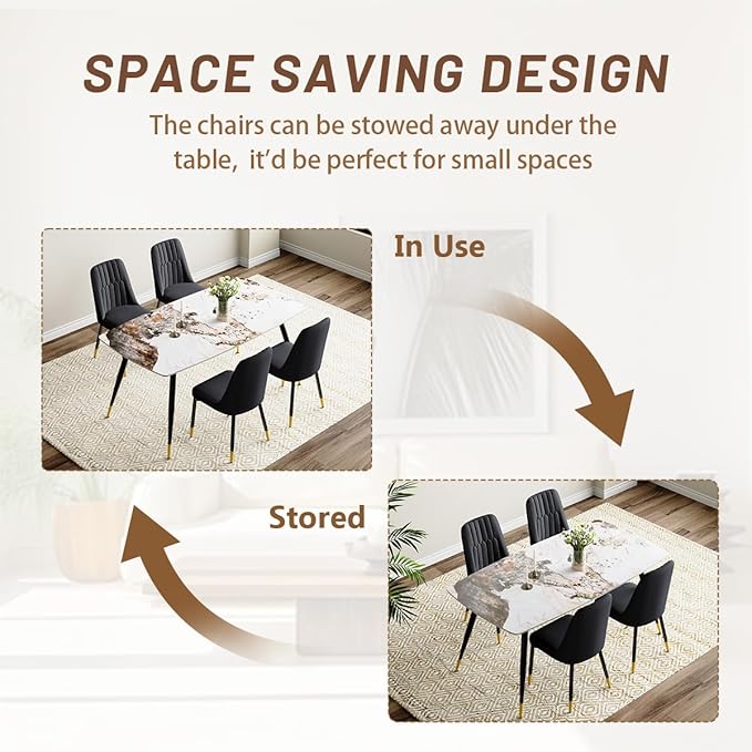 Modern Dining Table Set for 4, 62'' Sintered Stone Table, 4 Chairs, Easy to Assemble