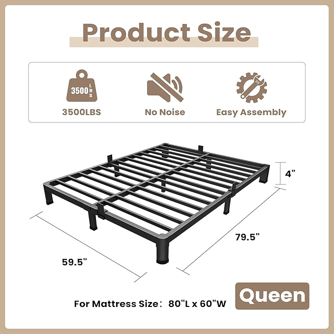 ROIL 4 inch Metal Queen Bed Frame with Rounded Corner Mattress Retainers 3500LBS Heavy Duty Steel Slats No Box Spring Needed Platform Noise-Free Easy Assemble