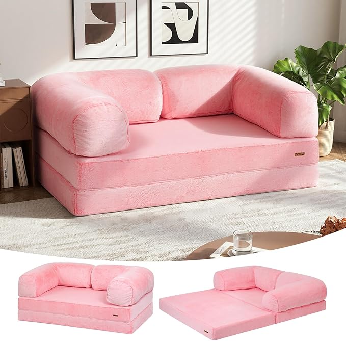COMAX 4-in-1 Futon Sofa Bed, Queen Size Foldable Couch with L-Shaped Armrests, Convertible Sleeper Chair Bed, Comfortable Lounge Mattress for Living Room and Bedroom, Snow Pink