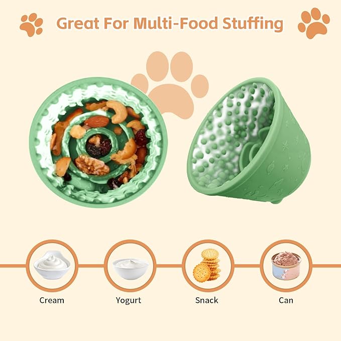 Dog Lick Bowl with Brush and Scraper, Anxiety Relief Silicone Slow Feeder Treat Dispenser, Anti-chocking Pet Dish, Non-Slip Interactive Entertainment Dog Puzzle Toy for Medium & Large-Green