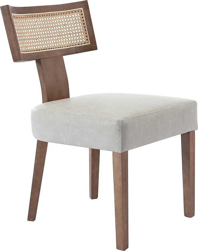 Modern Dining Chairs, Set of 4 - Rattan Back, Pu Leather Upholstered, Kitchen Chairs with Solid Wood Frame, Grey