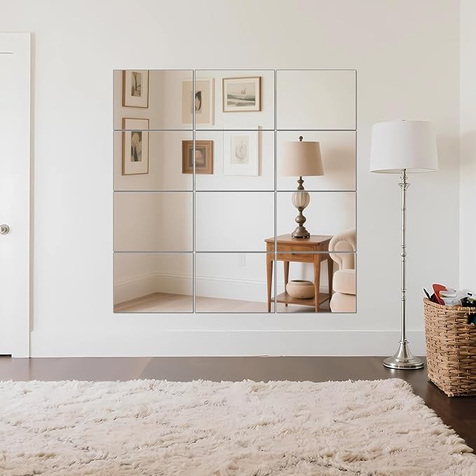 Ruomeng Home Gym Mirror Tiles - 12" x 16" x 12Pcs Frameless Full Length Wall Mirror Tiles Wall Mounted Mirror for Vanity Bedroom, Living Room