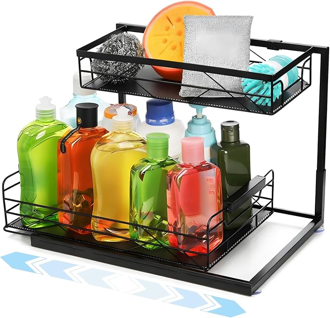 Pull Out Under Sink Organizer, 2 Tier Kitchen Cabinet Organizer with Suction Cups, PVC Mat, Sliding Drawer, Metal Cleaning Supplies Storage Shelf for Laundry, Pantry, Bathroom