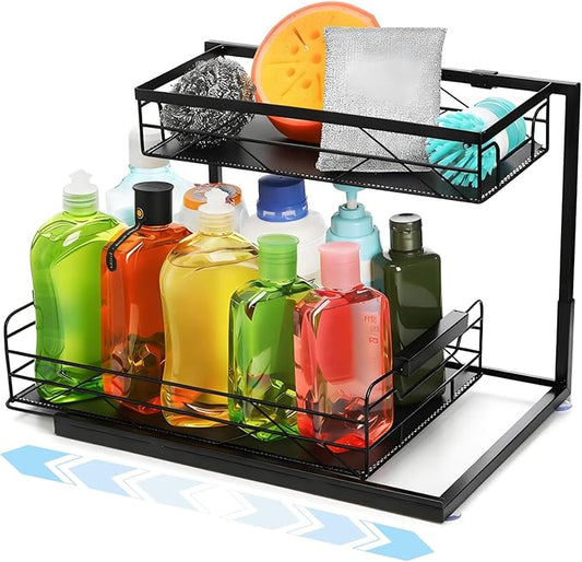 Pull Out Under Sink Organizer, 2 Tier Kitchen Cabinet Organizer with Suction Cups, PVC Mat, Sliding Drawer, Metal Cleaning Supplies Storage Shelf for Laundry, Pantry, Bathroom