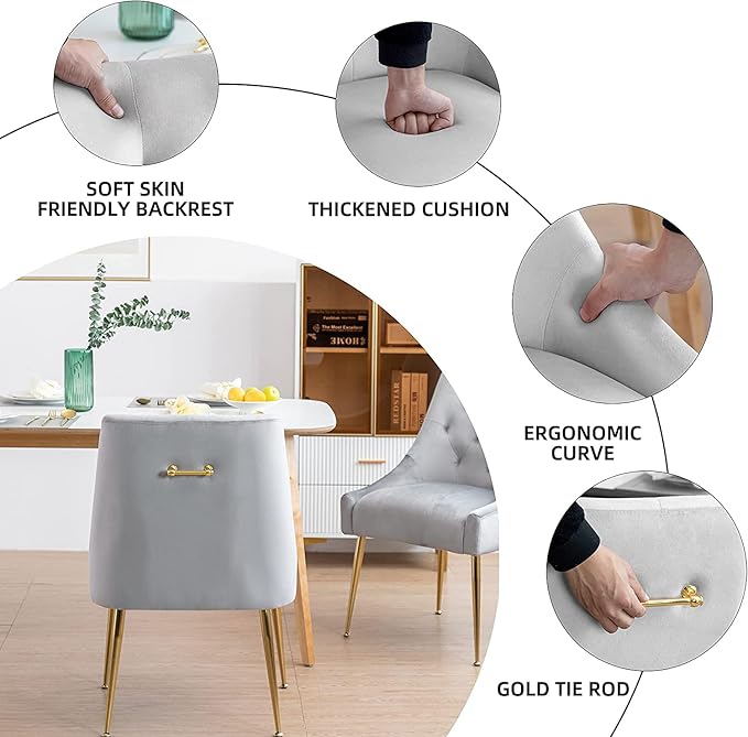 Modern Dining Chairs Set of 6, Mid Century Dining Chairs with 5.12” Cushions and Golden Legs, Velvet Upholstered Chairs with Back Pull Rod, for Kitchen, Living Room, Grey