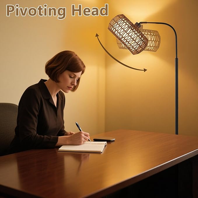 Rattan Floor Lamp for Living Room, Tall Pole Lamp with Adjustable Drum Shade, Foot Switch& Romote, Height Ajustment, Over Couch Arched Floor Light for Reading Bedroom Bulb Included