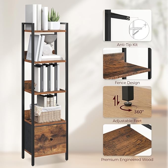 Bookshelf, 5-Tier Bookcase with Drawer, Small Book Shelf for Small Space, Storage Shelf Organizer, for Living Room, Bedroom, Study, Kitchen, Rustic Brown and Black BKHR55101