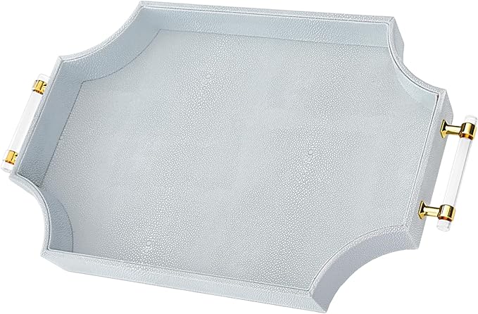 22.6'' × 13'' Coffee Table Tray Shagreen Decorative Tray for Ottoman Home Decor Serving Tray with Acrylic Gold Handles Modern Elegant Scalloped Large Ottoman Tray