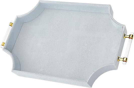 22.6'' × 13'' Coffee Table Tray Shagreen Decorative Tray for Ottoman Home Decor Serving Tray with Acrylic Gold Handles Modern Elegant Scalloped Large Ottoman Tray