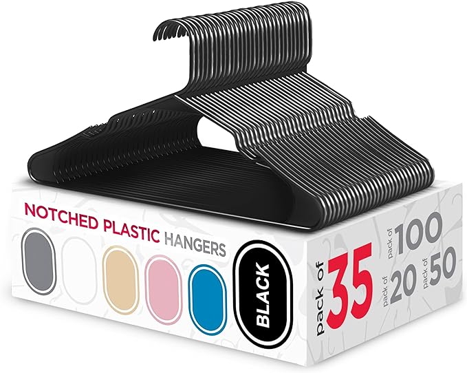 Sharpty Plastic Hangers, 35 Pack, Slim, Space Saving, Heavy Duty, Notched, Durable, Thick, Tough, Black