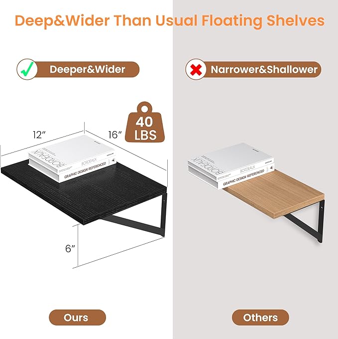 Heimlove Black Deep Floating Shelves for Wall, 16W x 12D Wood Wall Shelves Set of 2, Wide Floating Bookshelf for Living Room, Kitchen, Office, Bedroom and Decor Storage, with Metal Bracket - Black