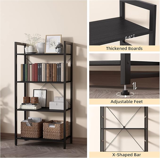 4-Tier Bookshelf, 47.2'' H Ladder Shelf, Industrial Bookcase, Wooden and Metal Storage Rack, Shelving Unit for Living Room Entryway Office, Black Book Shelves, 24 * 11.8 * 47.2 inches