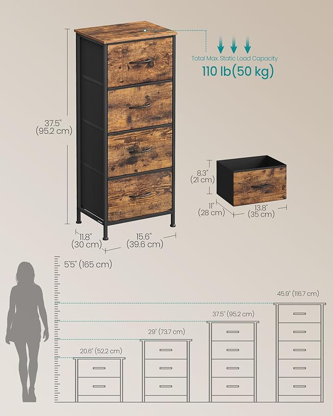 SONGMICS Dresser for Bedroom, Chest of Drawers, Steel, MDF, 4 Non-Woven Fabric Drawers, Storage Organizer Unit, Closet, Entryway, Rustic Brown and Ink Black LGS314B02S