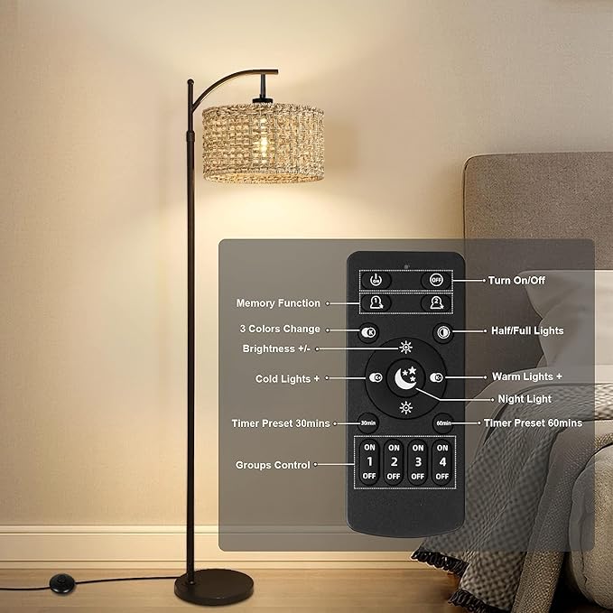 Arc Floor Lamp for Living Room with Remote Control,Farmhouse Boho Floor Lamps with 3 Color Temperature,Rustic Standing Lamp with Rattan Wicker Shades,Adjustable Tall Lamp for Bedroom,Office,Reading