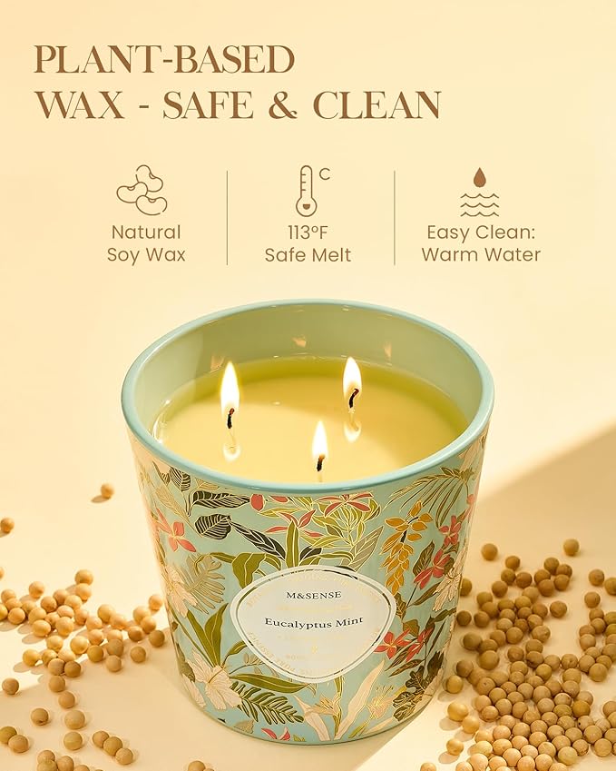 M&SENSE Eucalyptus Mint Scented Candle, 28.2oz 3 Wick Natural Soy Wax Large Candles, Long Lasting Clean Slow Burning No Toxic Décor for Home Relaxation, Romantic Dates Gift-Giving