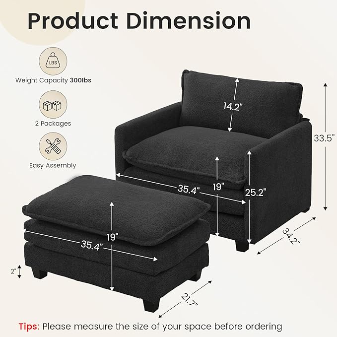 ROWHY Convertible Sectional Couch with Ottoman, Single Armchair with armrests, Modern Living Room Furniture Set, Small Couches for Small Spaces, for Living Room, Chenille, Black
