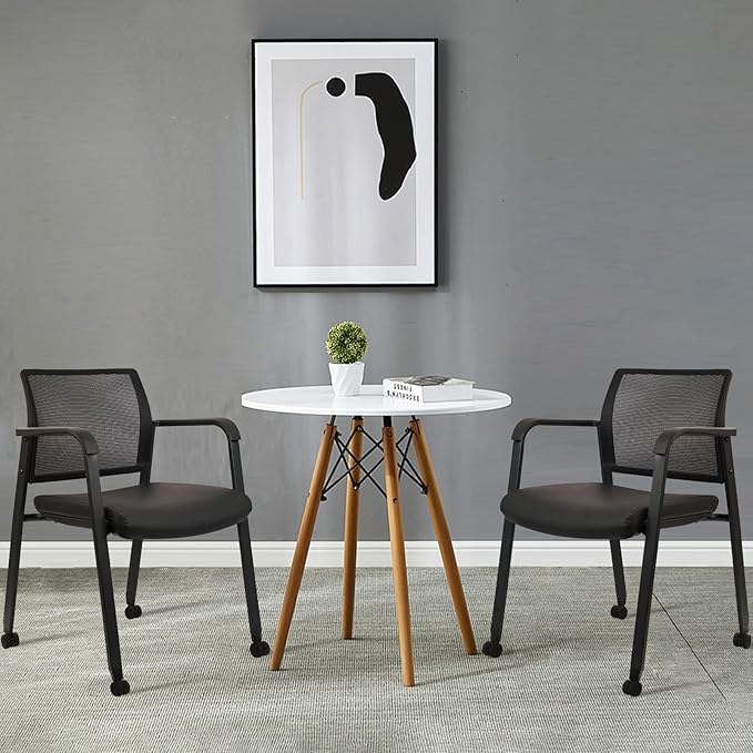 CLATINA Stacking Office Chair with Wheels, Mesh Back Waiting Room Guest Chairs with Arms Comfortable Leather Cushion Stackable Desk Chair for Conference Reception School Side Stationary, Black, 2PK