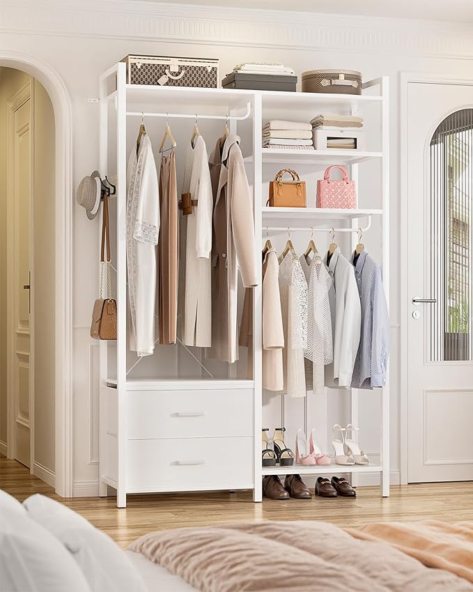 78.7'' Clothes Rack for Hanging Clothes - Reversible Clothing Rack with 2 Drawers, Heavy Duty Garment Racks with Shelves, 6 Tiers Freestanding Portable Closet Wardrobe System with Hanging Hooks, White