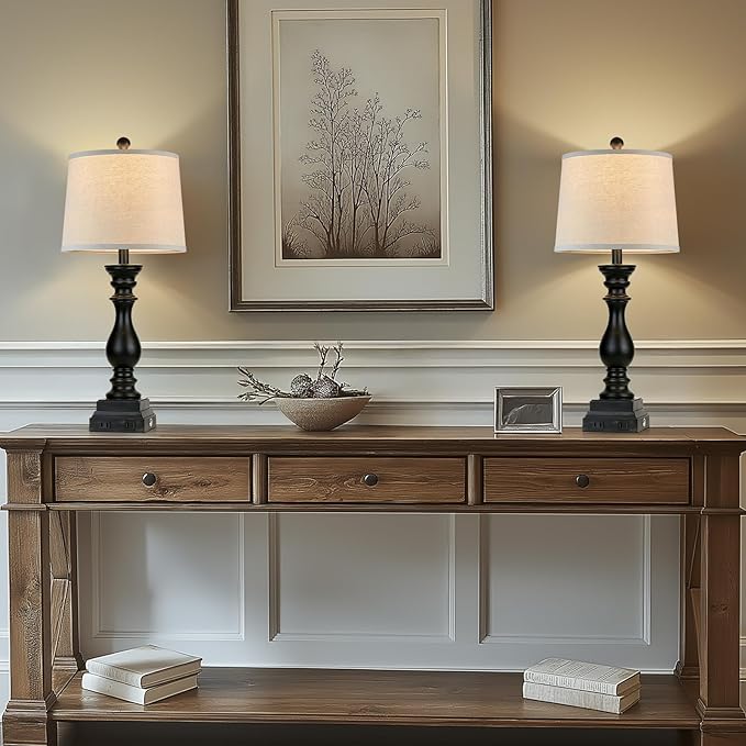 28" Farmhouse Table Lamps Set of 2 with USB C+A Ports and AC Outlet, 3 Way Touch Tall Vintage Bedside Lamp for Living Room, Black Rustic Nightstand Lamp for Bedroom Office