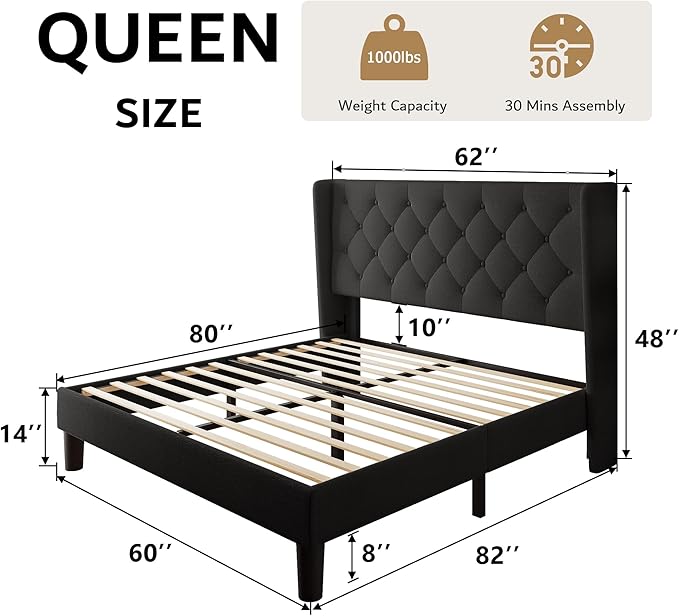 iPormis Queen Size Platform Bed Frame with Button Tufted Headboard, Upholstered Bed Frame with Solid Wooden Slats, 8" Underbed Space, No Box Spring Needed, Noise Free, Easy Assembly, Black