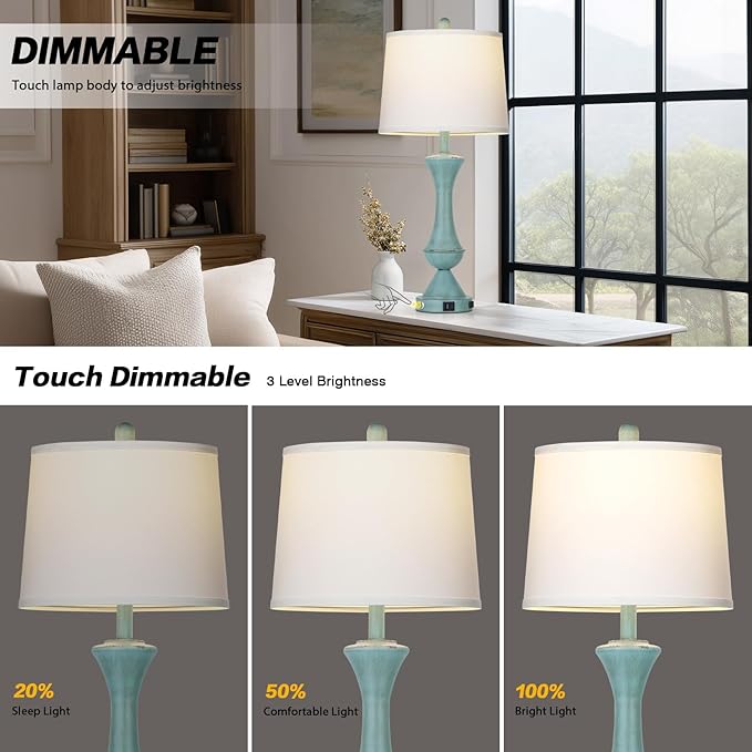 29" Tall Blue Table Lamps Set of 2 for Living Room, Touch Control Bedroom Lamps for Nightstand, 3-Way Dimmable Bedside Lamp with USB A+C Port &AC Outlets(2 LED Bulbs Included)