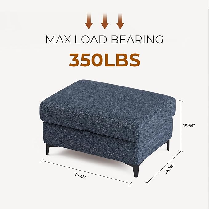 35" Large Storage Ottoman for Living Room, 7.8" Deep Seat Rectangular Ottoman Foot Rest for Couch, Chenille Storage Footstool Load 350 lb （Blue）