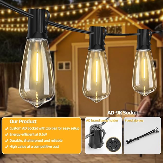 ST40 25FT Outdoor LED String Lights with 12+1 Shatterproof Bulbs,E17 Socket, 2700K Warm White,Weatherproof, 0.6W LED,for Patio,Porch, Deck,Gazebo,Bistro,Garden,Wedding,Party Decor