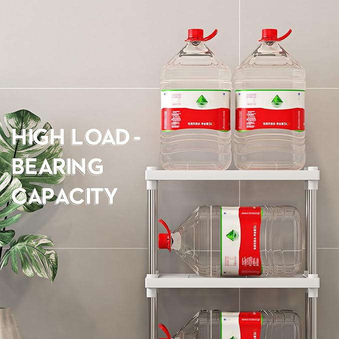 4 Tier White Plastic and Metal Freestanding Shelf Bathroom Organizer, Shelving Unit Storage Rack Organizer for Home, Garage, Basement, Shed and Laundry Room