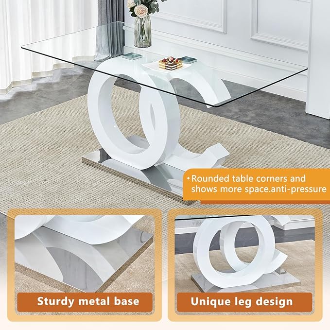63'' Glass Dining Table Set for 4, Kitchen Table Chairs Set of 4, Clear Glass Dining Table with White unique design Leg and Silver Metal Base, 4 PU Dining Chairs with Metal Legs, Living Room, Kitchen.