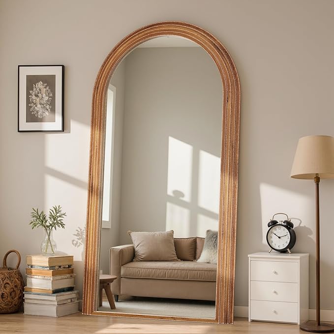 Antok Full Length Mirror 76"×41" Floor Mirror Standing Tall Mirror, Arched Stand up Large Wall Mirrors, Freestanding Full Body Mirrors for Bedroom Living Room Wood Vintage Style Brown